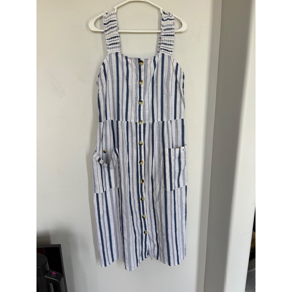 Mille Gabrielle Women 1X Blue White Stripe Cotton Button Front Midi Dress Pocket